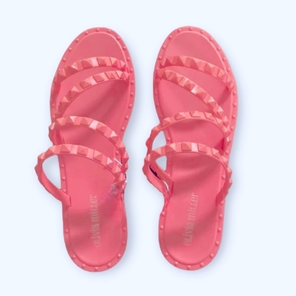 Olivia Miller Flat Studded Hot Pink Sandal Size 7 Rubber 1/2” Heel Height - Picture 2 of 8